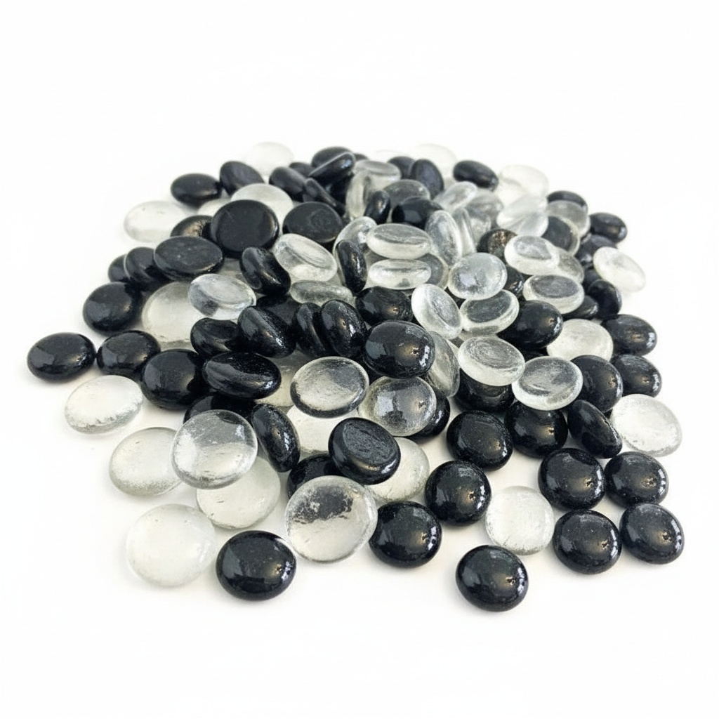 STONED black and clear glass pebbles scattered on white background for decoration SGI Online