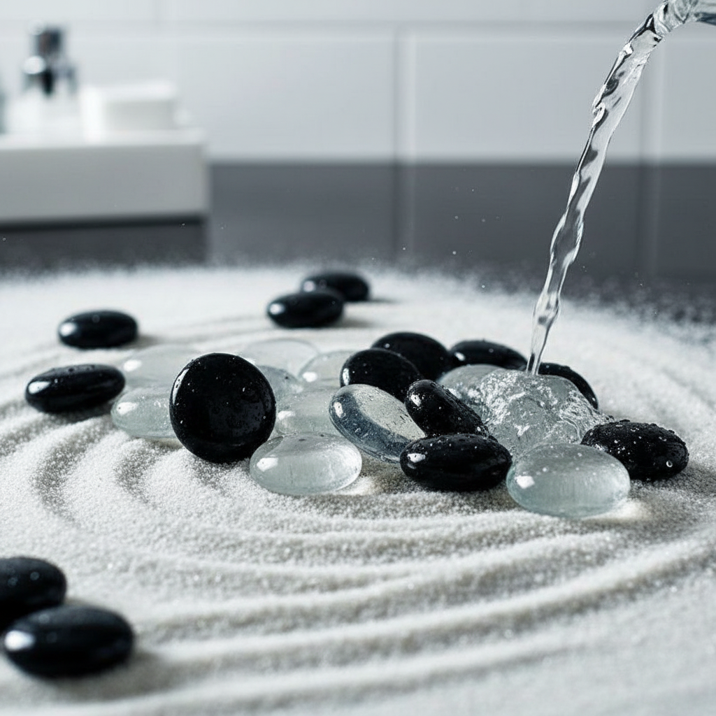 STONED black and clear glass pebbles arranged on textured surface with water being poured