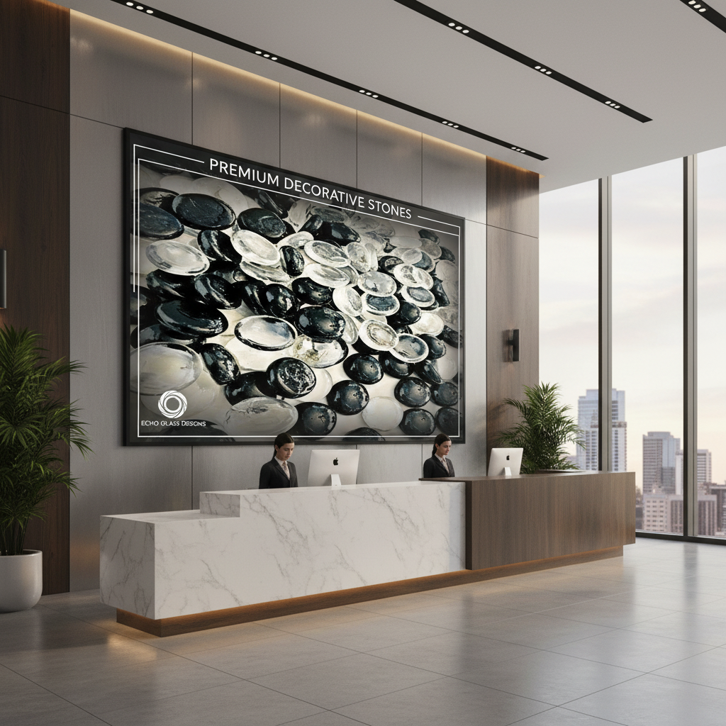 Black and clear glass pebbles displayed as premium decorative stones in a modern office lobby