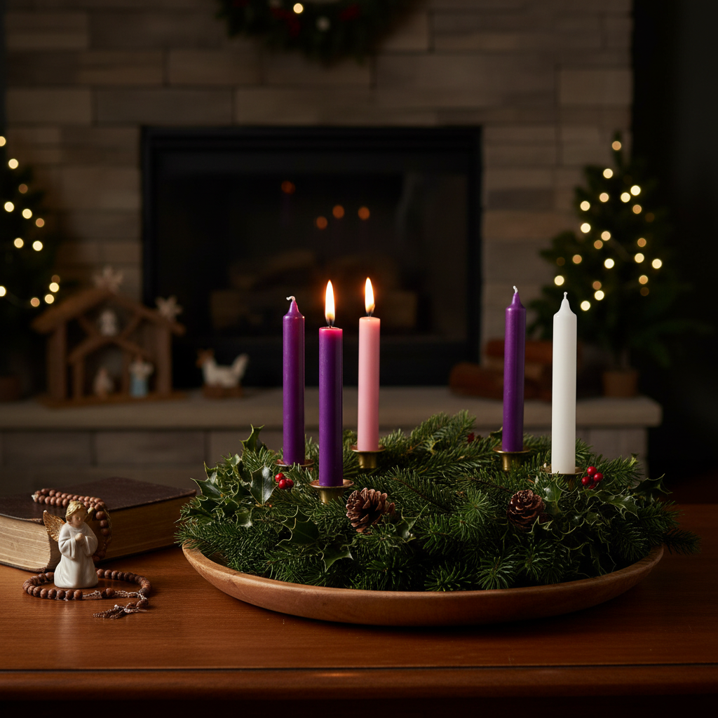 SGI Online advent candle set with purple, pink, and white candles on a decorative greenery wreath SGI Online