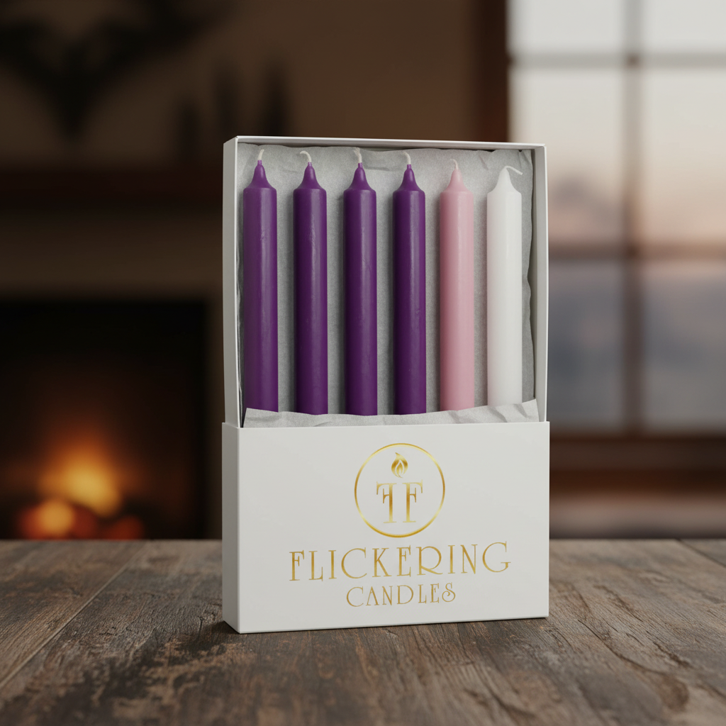 SGI Online advent candle set with four purple, one pink, and one white taper candles in white Flickering Candles box