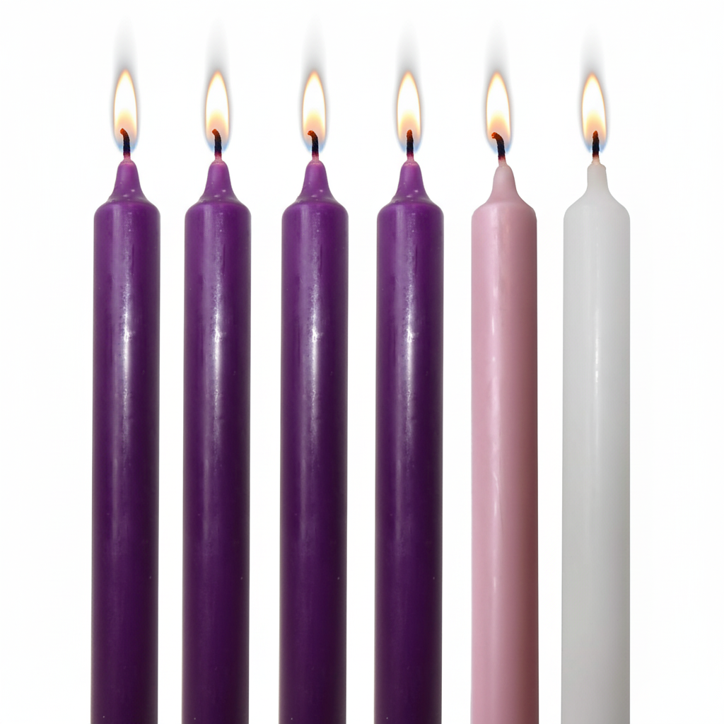 SGI Online lit advent candle set with four purple, one pink, and one white candle on white background SGI Online