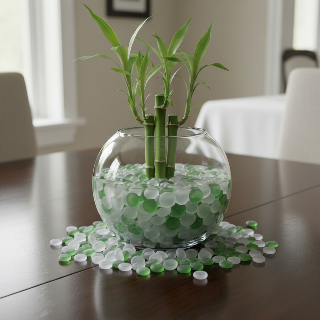 Clear glass bowl filled with frosted green and white glass pebbles holding bamboo plant on wooden table