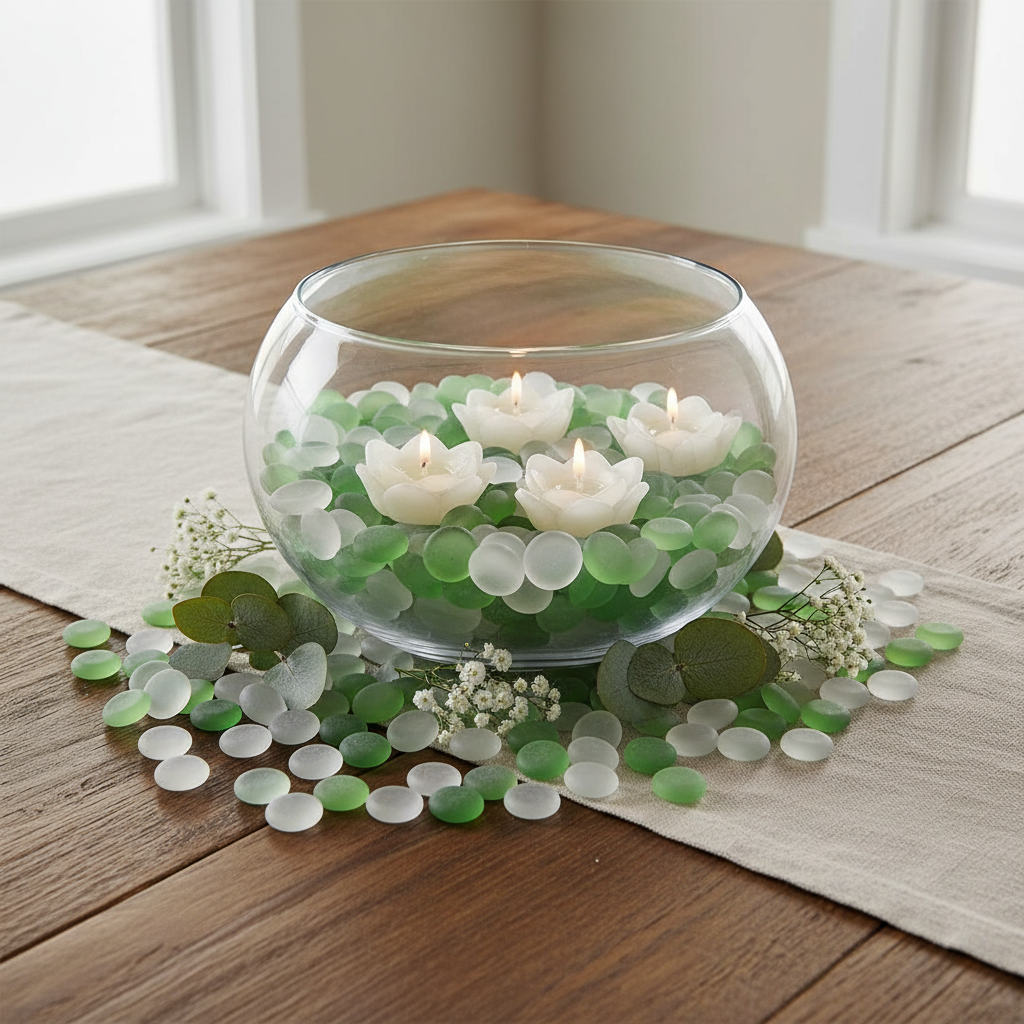 STONED frosted green and white glass pebbles in a clear bowl with floating candles and decorative leaves