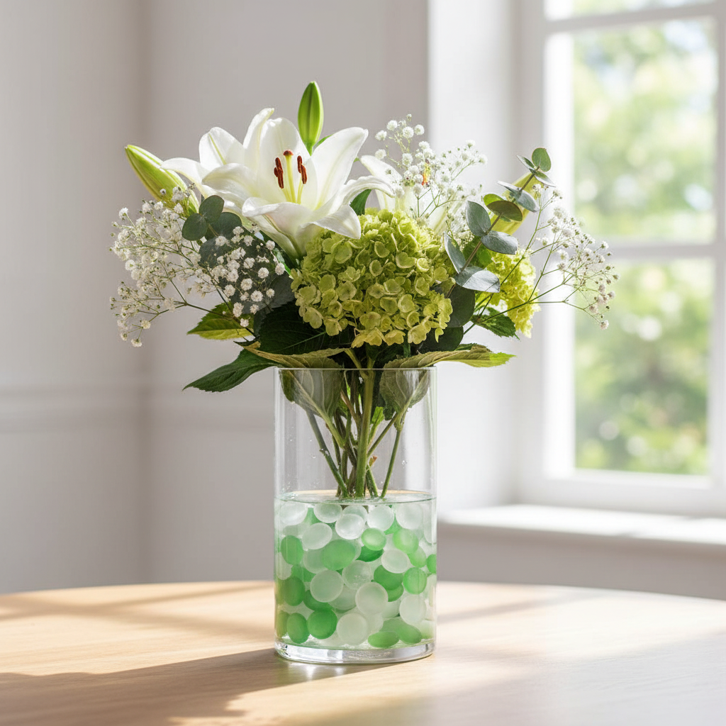 Clear vase filled with frosted green and white glass pebbles holding a white lily and green floral arrangement
