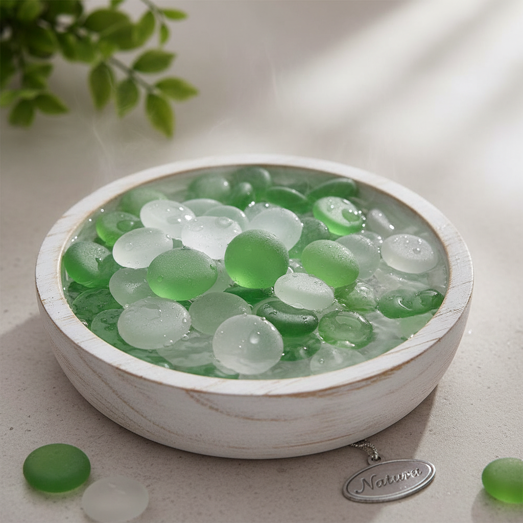 STONED frosted green and white glass pebbles in a white wooden bowl with water droplets