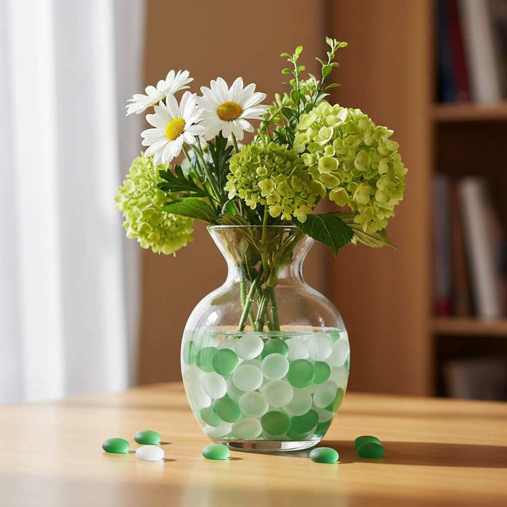 Clear vase filled with frosted green and white glass pebbles and fresh green and white flowers