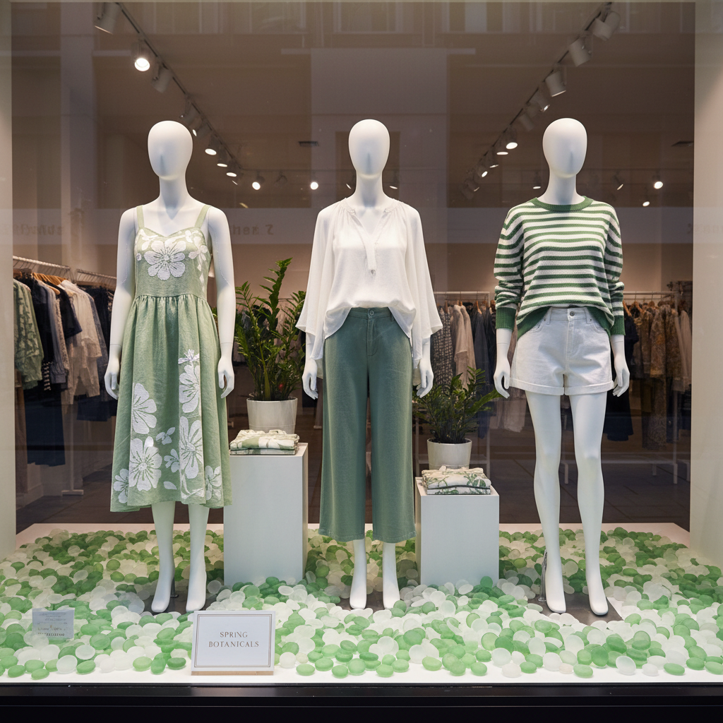 Store window display with mannequins dressed in green and white outfits on frosted green and white glass pebbles by STONED