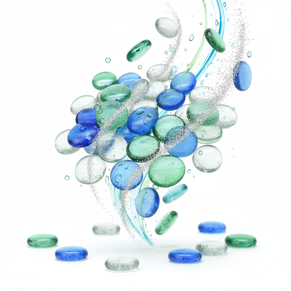 Stoned blue green glass pebbles for garden with smooth round shapes and translucent colors