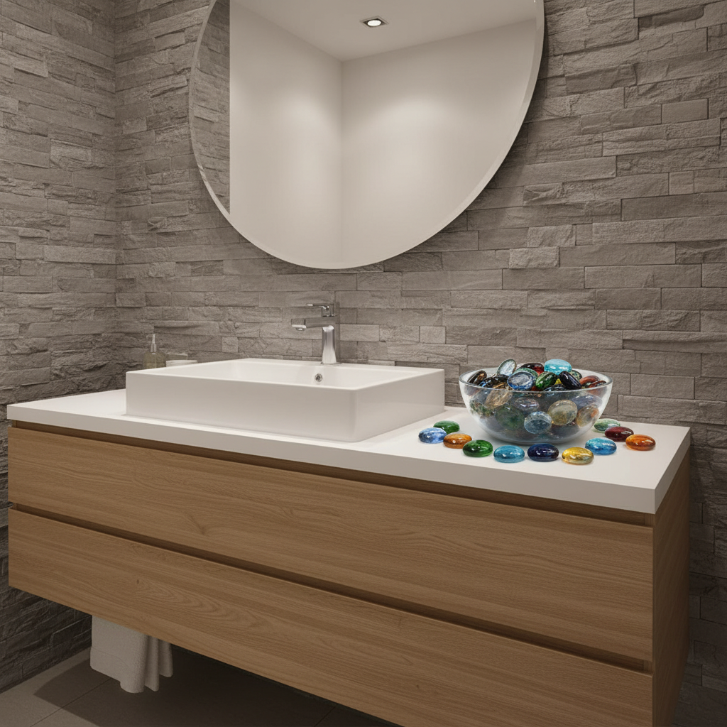 15kg decorative glass pebbles in a clear bowl on bathroom countertop with modern sink and round mirror