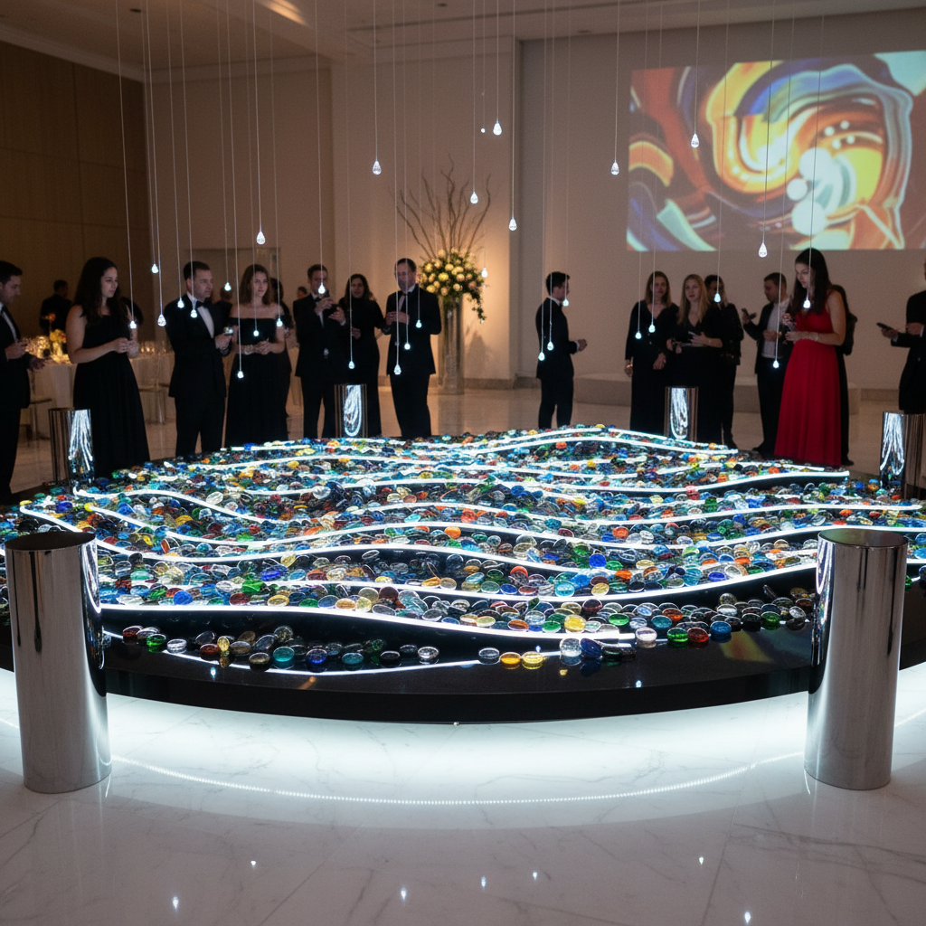 Colorful 15kg decorative glass pebbles displayed on illuminated table at event with people in background