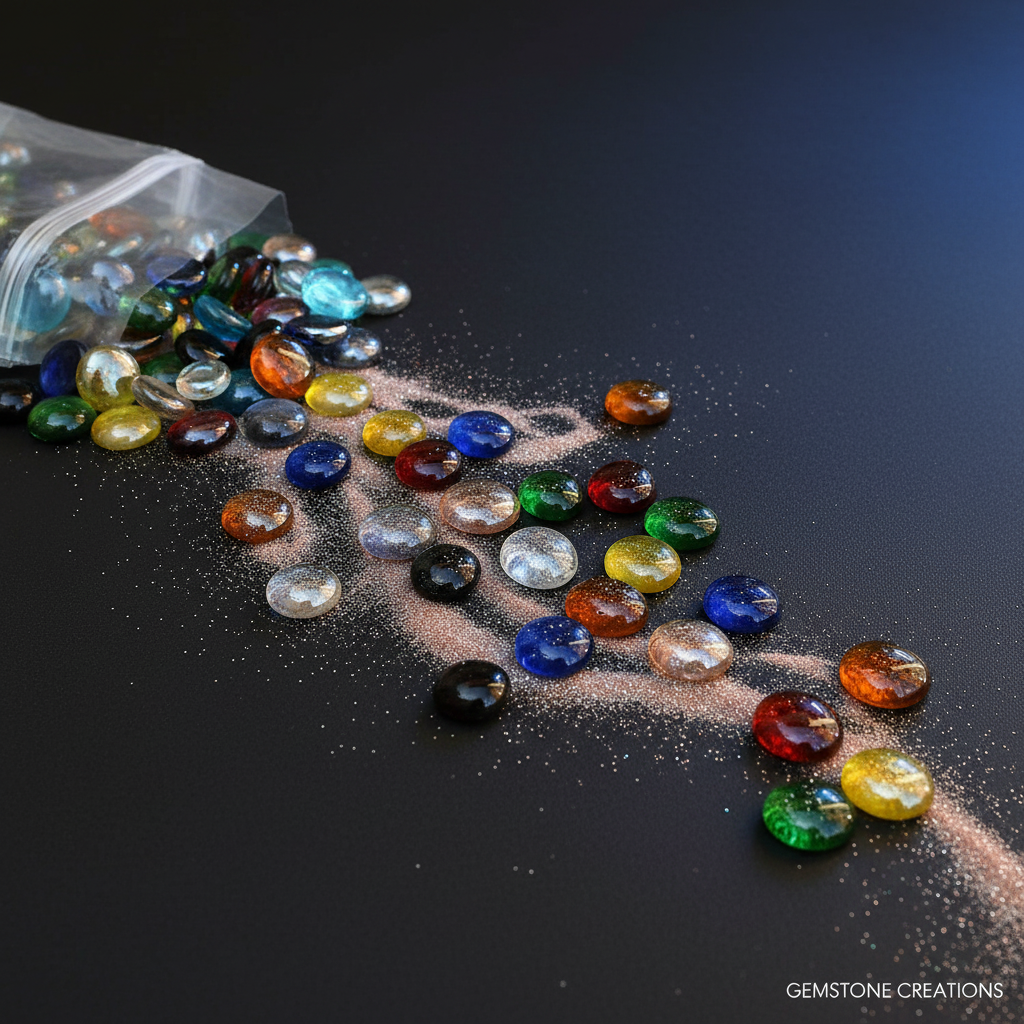 15kg decorative glass pebbles by STONED in various colors spilling from a clear plastic bag on a black surface