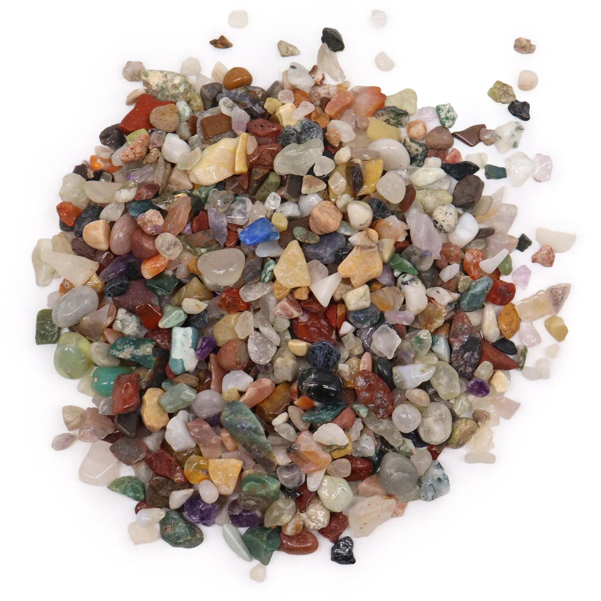 SGI Online polished mixed gemstone crystal chips in various colors and shapes on white background