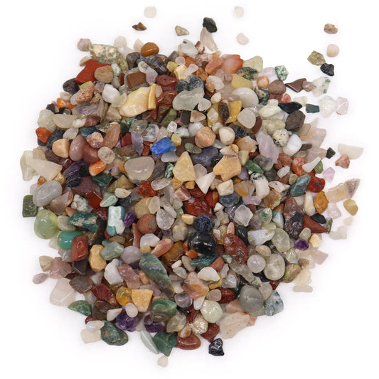 SGI Online polished mixed gemstone crystal chips in various colors and shapes on white background SGI Online