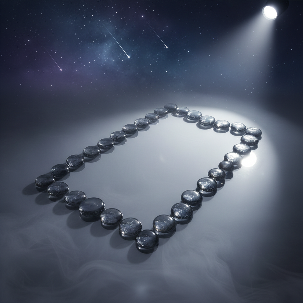 STONED 15kg grey glass pebbles arranged in a square shape on reflective surface with spotlight