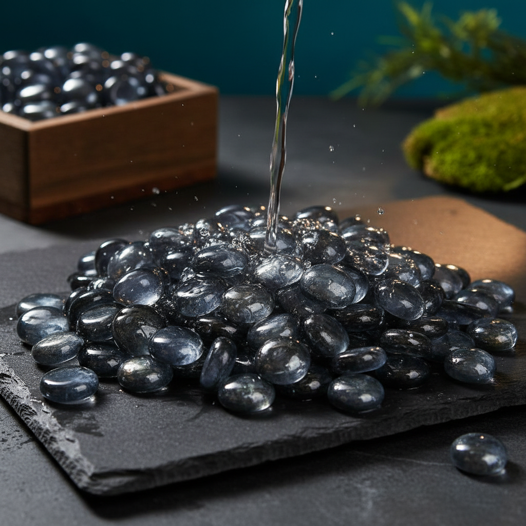 15kg grey glass pebbles from STONED poured onto a slate surface with a wooden box in the background SGI Online