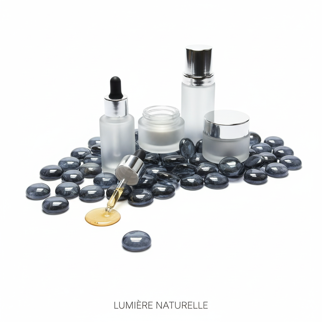 15kg grey glass pebbles from STONED with clear cosmetic bottles and dropper on white background SGI Online