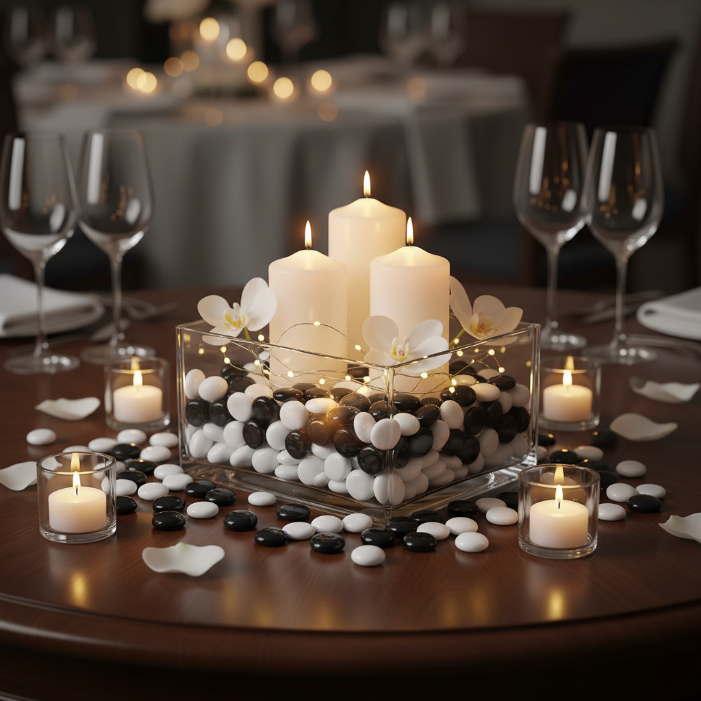 STONED black and white glass pebbles arranged in a centerpiece with candles and orchids on a dining table