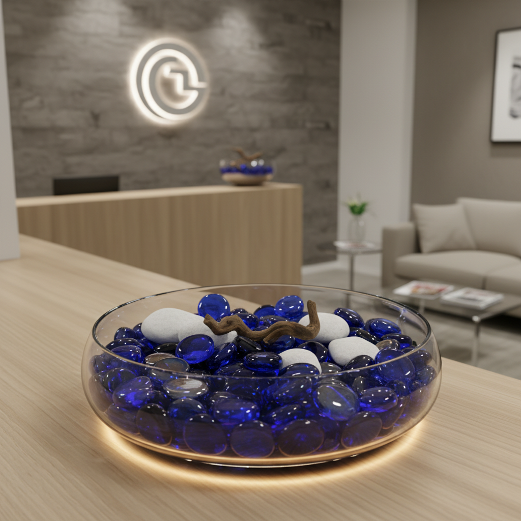 Clear glass bowl filled with cobalt blue glass pebbles and white decorative stones on wood table