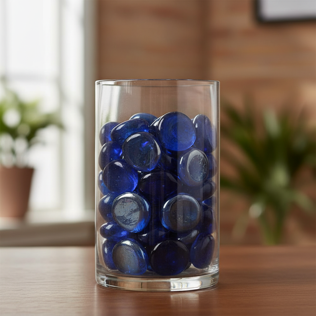Clear glass vase filled with cobalt blue glass pebbles by STONED on wooden table