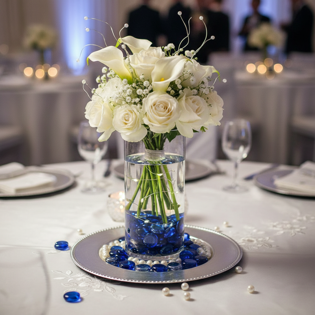 Elegant wedding centerpiece with white flowers in clear vase filled with cobalt blue glass pebbles by STONED
