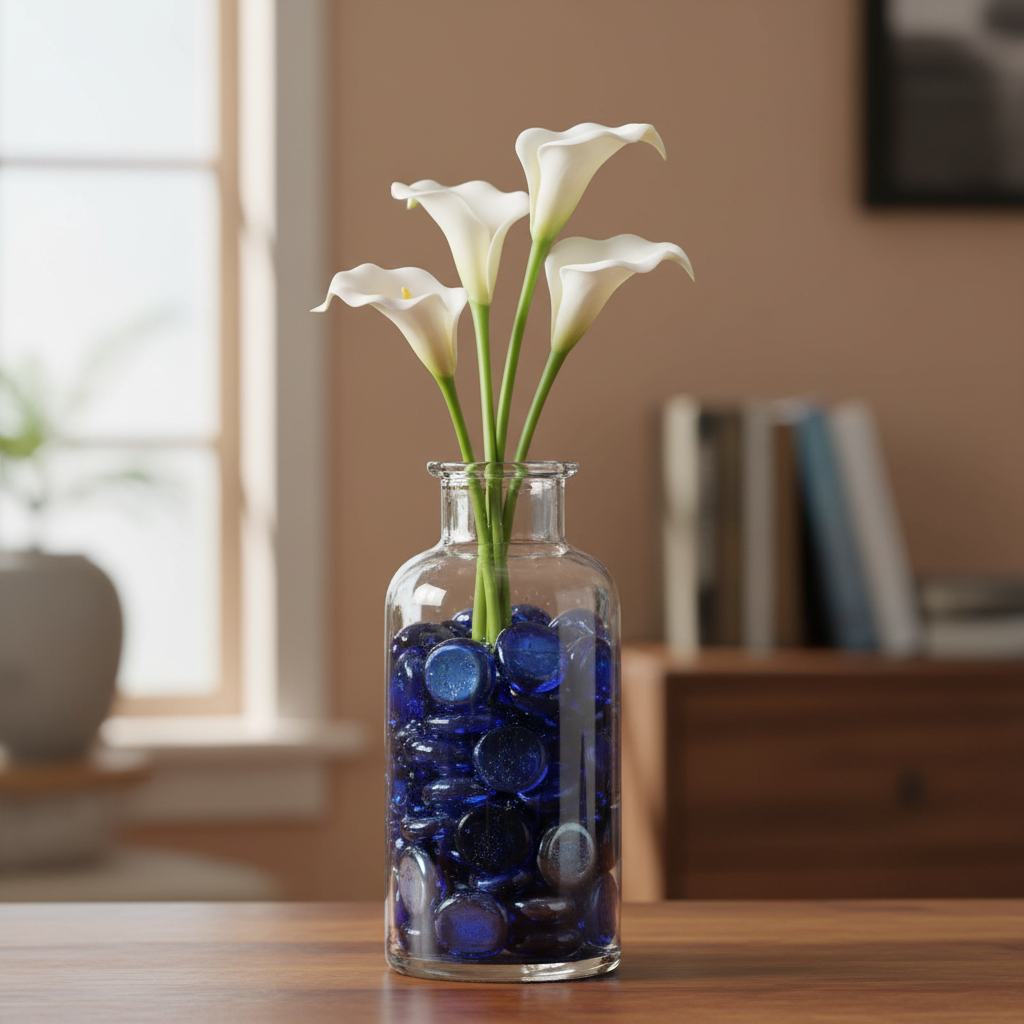 Clear glass vase filled with cobalt blue glass pebbles and white calla lilies on wooden table SGI Online