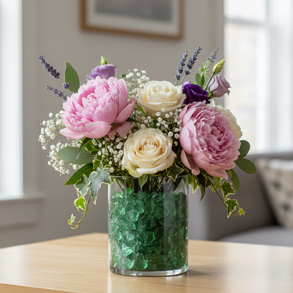 Clear glass vase filled with green decorative glass stones 2kg and a bouquet of pink and white flowers SGI Online