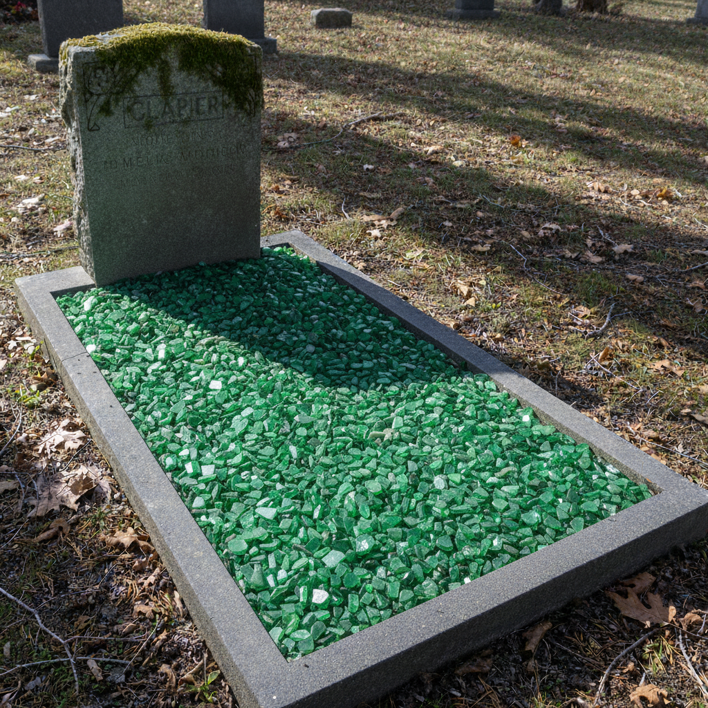 Green glass chippings 20kg covering a grave plot with stone border in outdoor cemetery setting