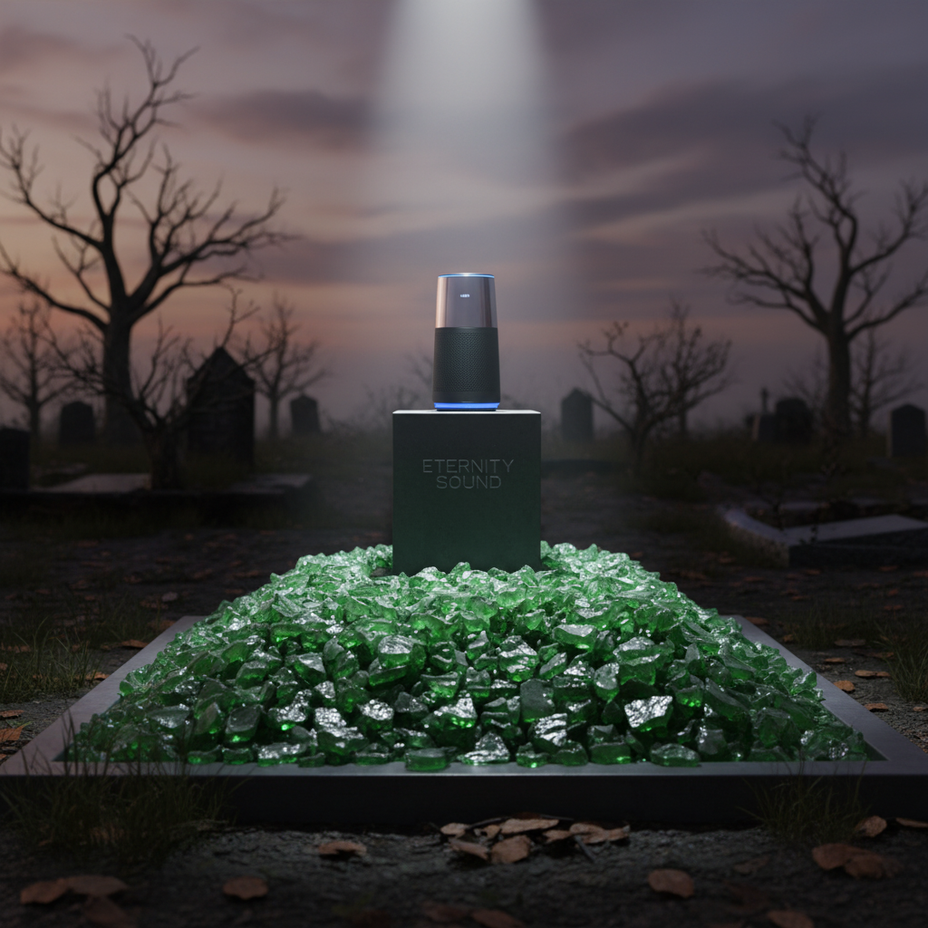 Green glass chippings 20kg by STONED displayed in a graveyard setting with a black urn and soft light SGI Online