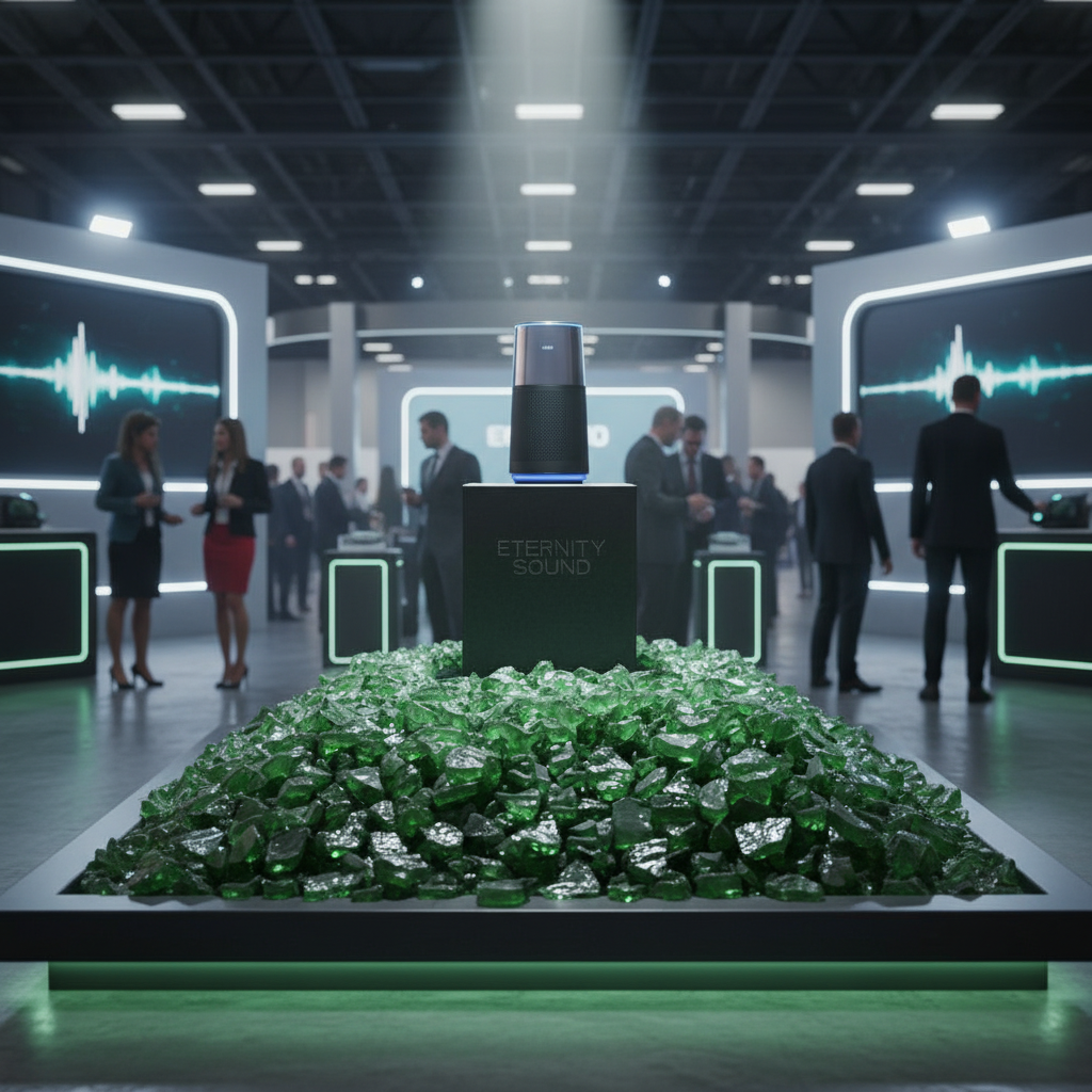 Green glass chippings 20kg pile displayed in modern showroom with people and tech displays