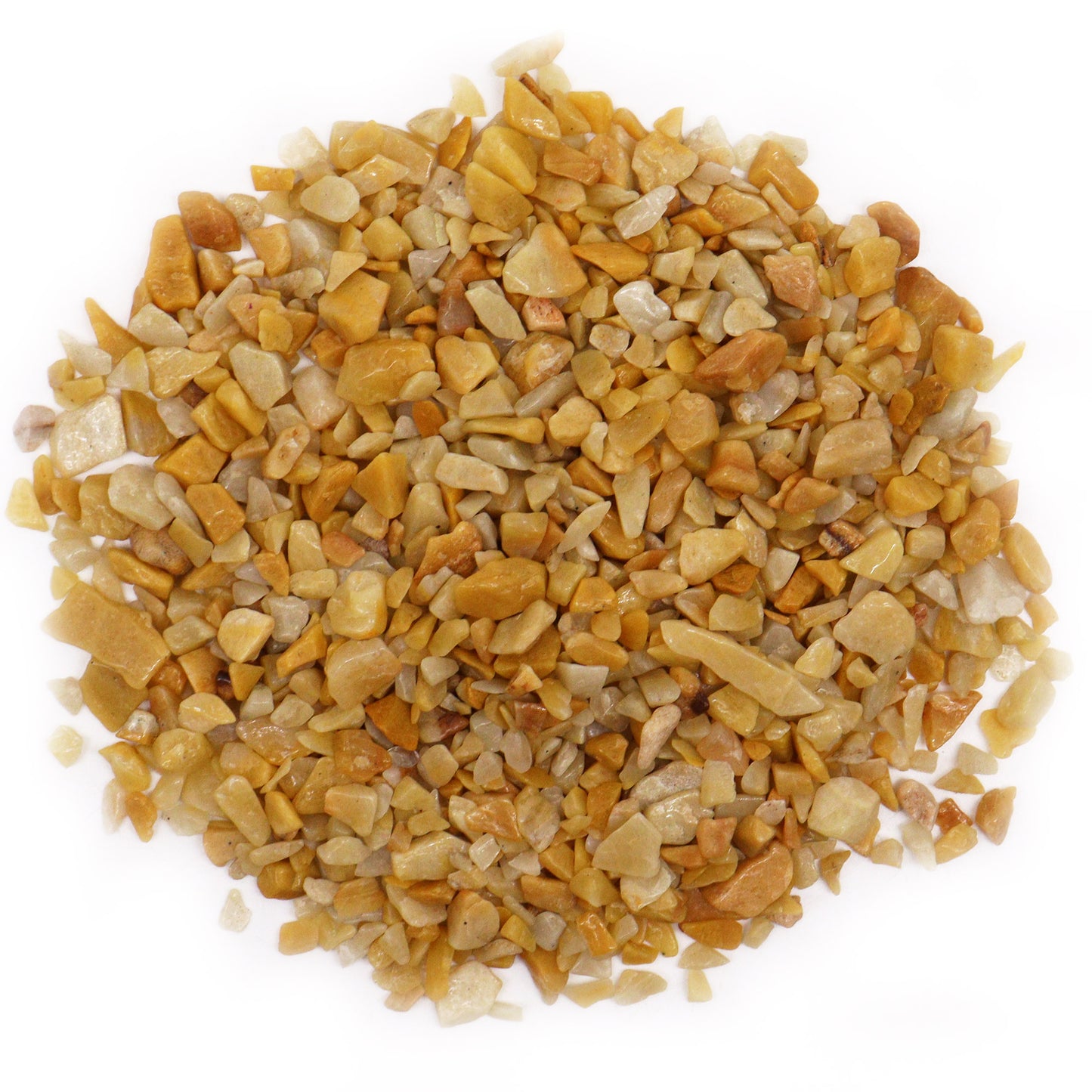 Pile of polished golden quartz gemstone chips in various shades of yellow and gold SGI Online