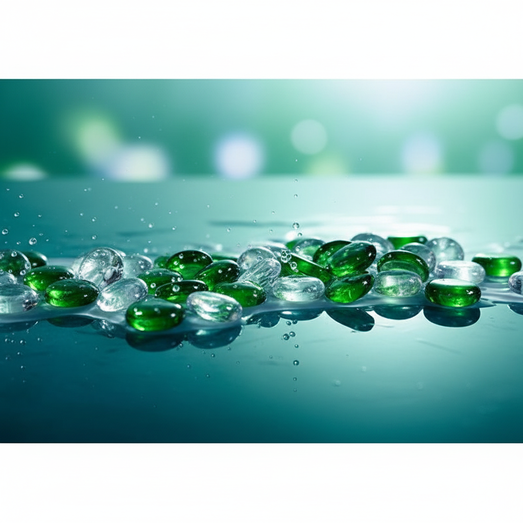 STONED green and clear glass pebbles scattered on reflective surface with water droplets