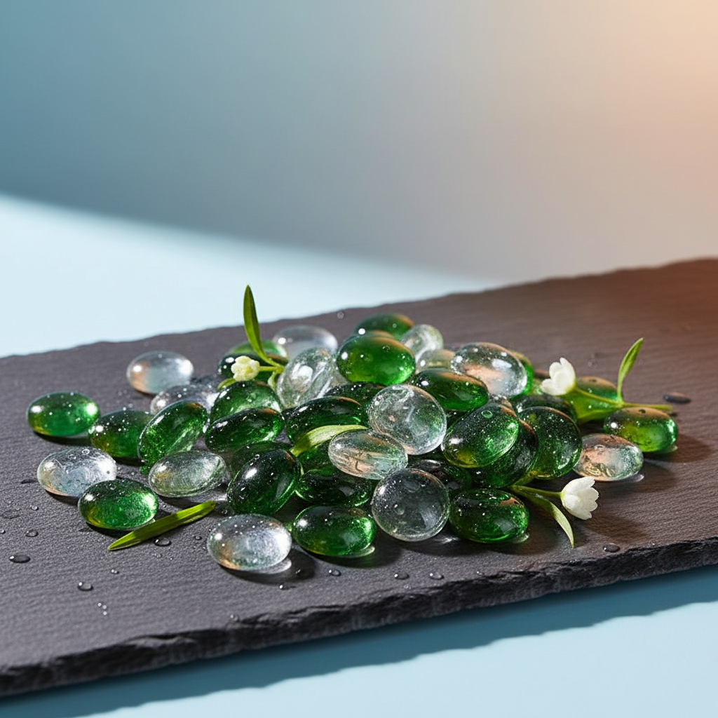 STONED green and clear glass pebbles arranged on a dark slate surface with small white flowers