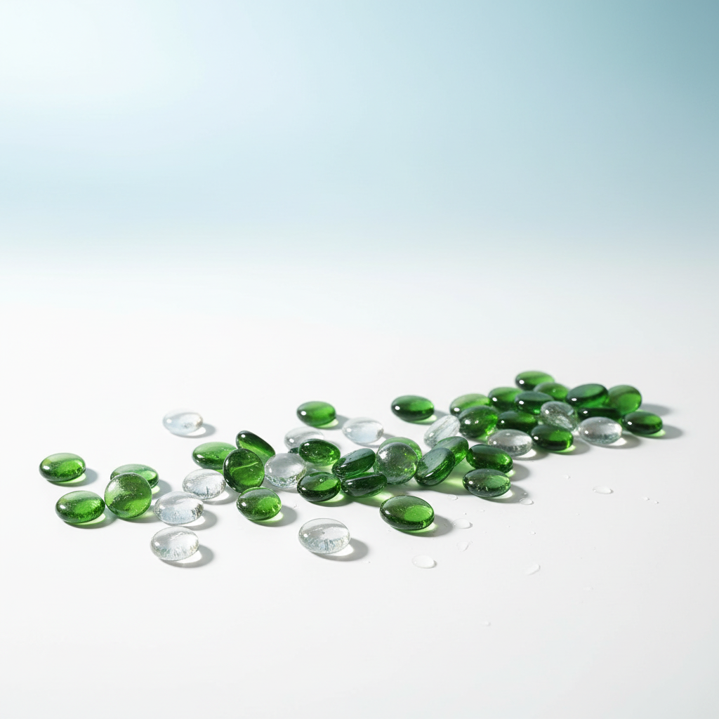Green and clear glass pebbles from STONED arranged on a light surface with soft shadows