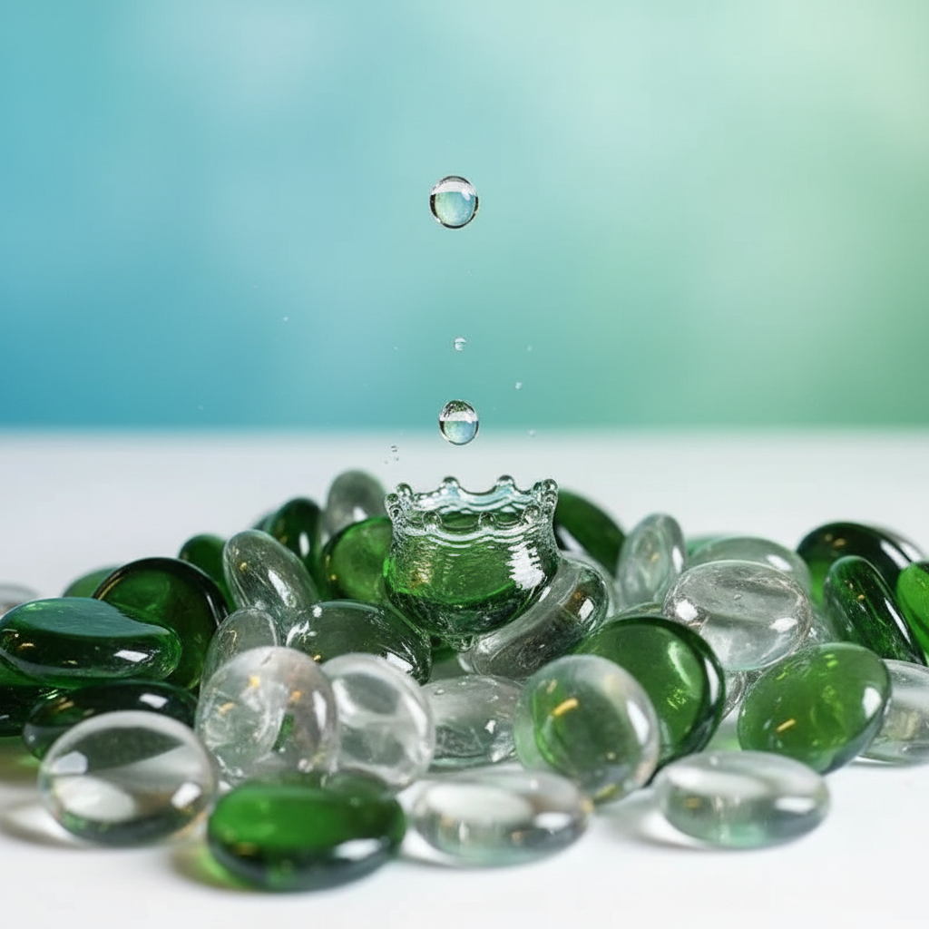 STONED green and clear glass pebbles with water droplets and splash on light blue background