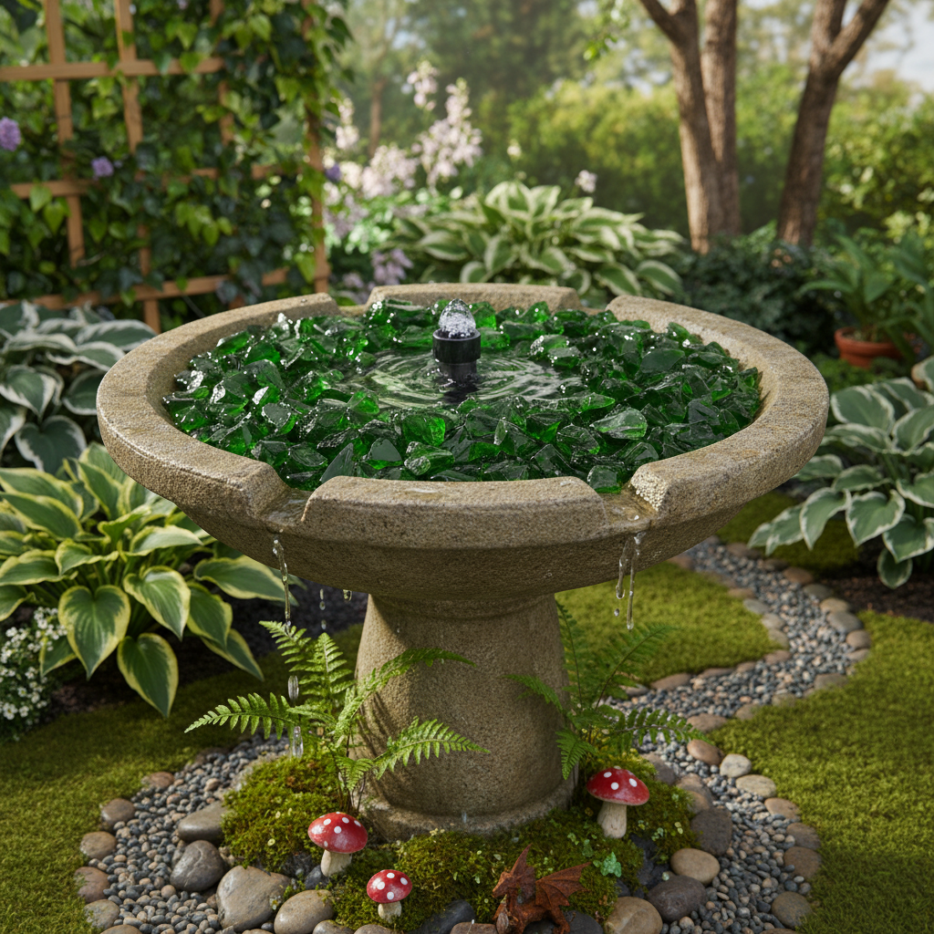 Green glass chippings 20kg in STONED birdbath fountain surrounded by garden plants and stones