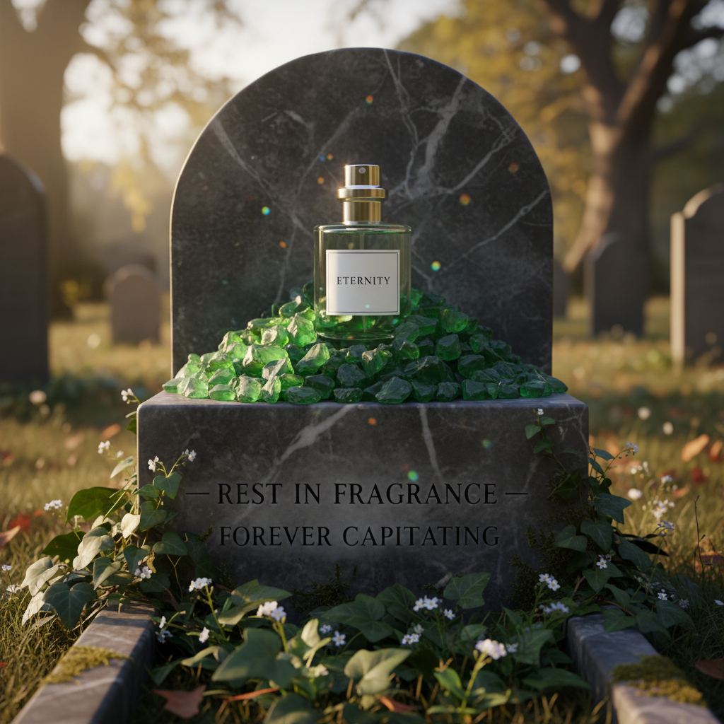 Green glass chippings 20kg piled on a gravestone with a perfume bottle labeled Eternity on top