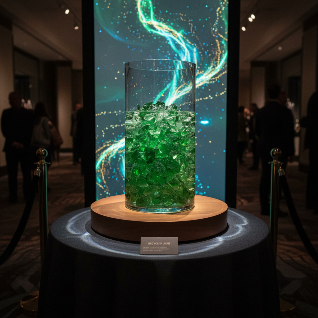 Clear glass container filled with green glass chippings 5kg displayed on round wooden stand in dimly lit room
