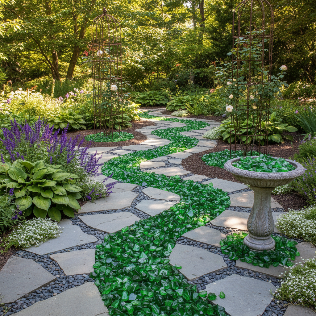 Garden pathway decorated with green glass chippings 5kg from STONED creating a vibrant river effect