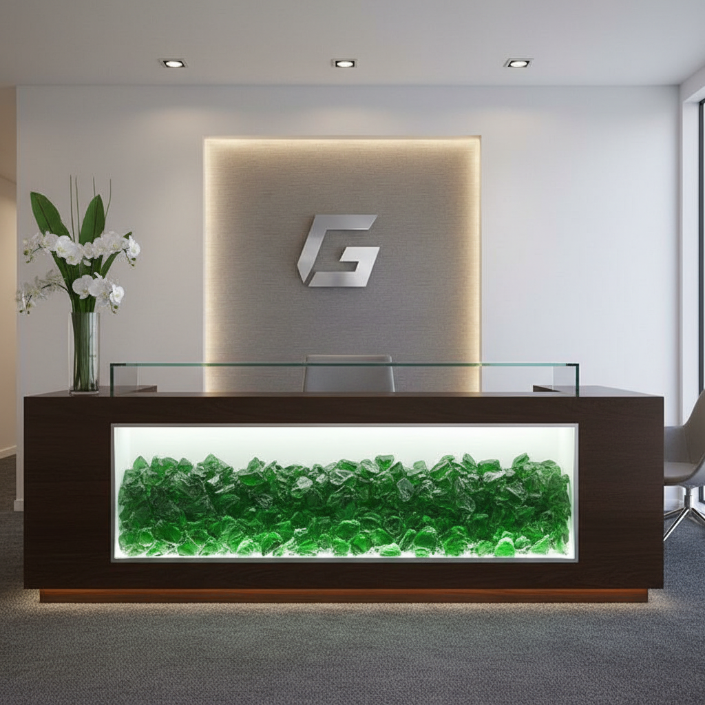 Decorative display of green glass chippings 5kg in a modern reception desk with lighting SGI Online