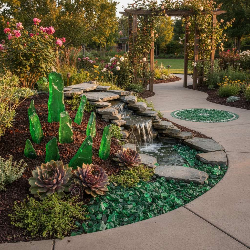 Garden landscape featuring green glass chippings 5kg by STONED next to a small rock waterfall and plants SGI Online