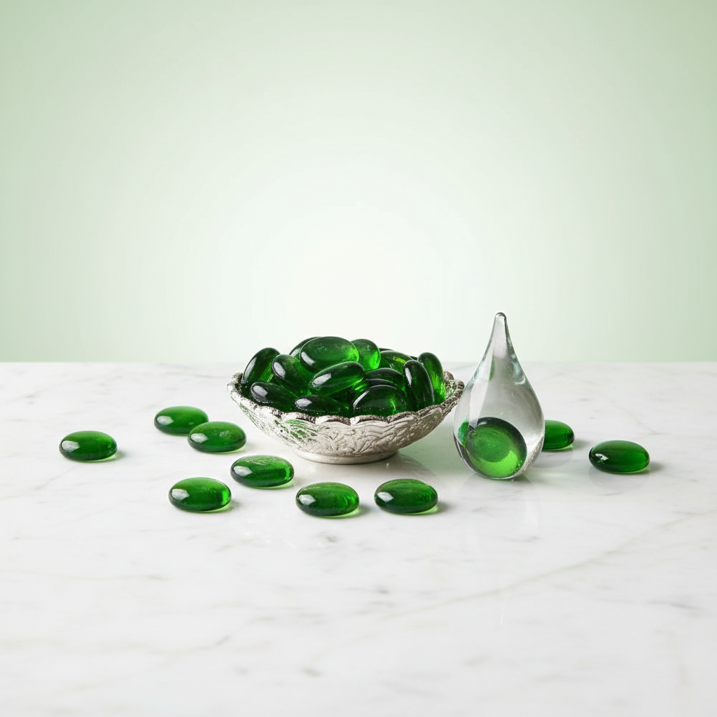 STONED green glass pebbles 15kg displayed in a silver bowl and scattered on white marble surface