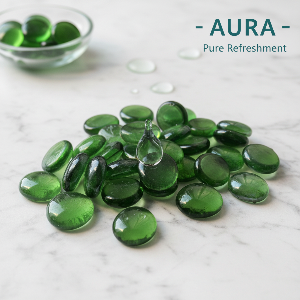 Green glass pebbles 15kg from STONED brand scattered on marble surface with water drop detail SGI Online