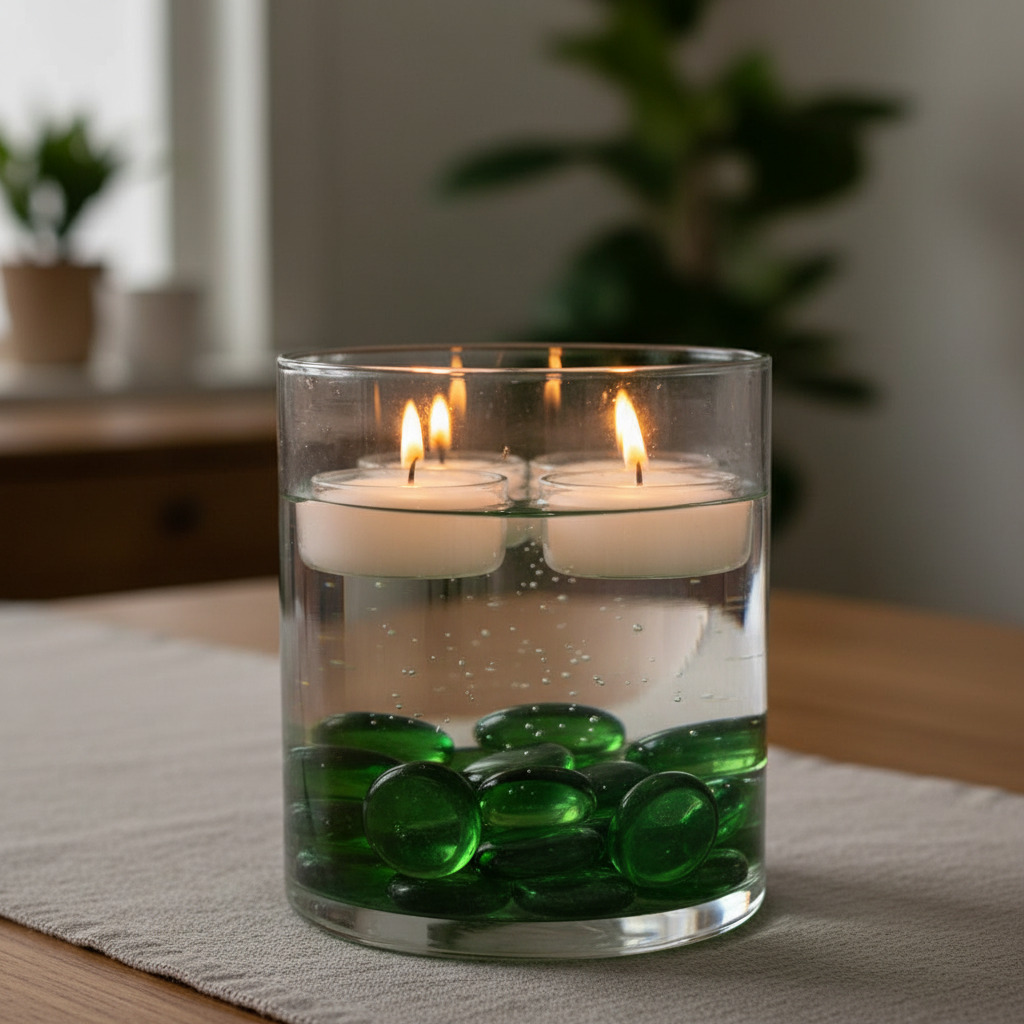 Clear glass container with green glass pebbles 20kg and floating white candles on table SGI Online