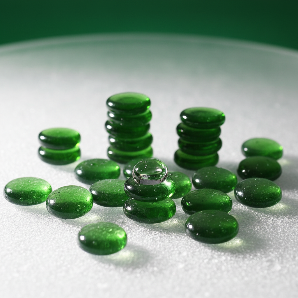 STONED green glass pebbles 20kg with smooth, glossy finish arranged on white surface