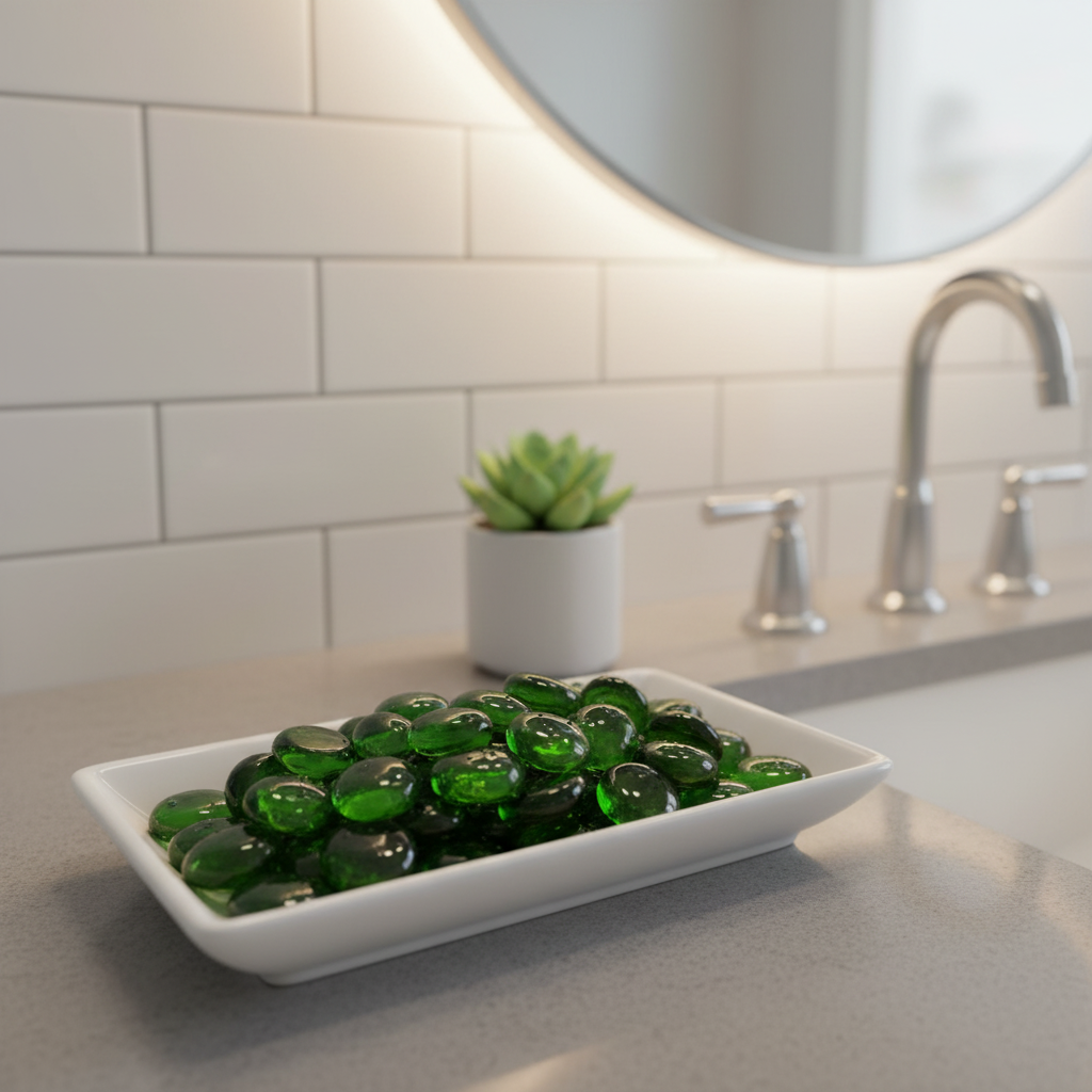 ST0NED green glass pebbles in a white dish placed on a bathroom countertop with a sink and mirror in the background SGI Online