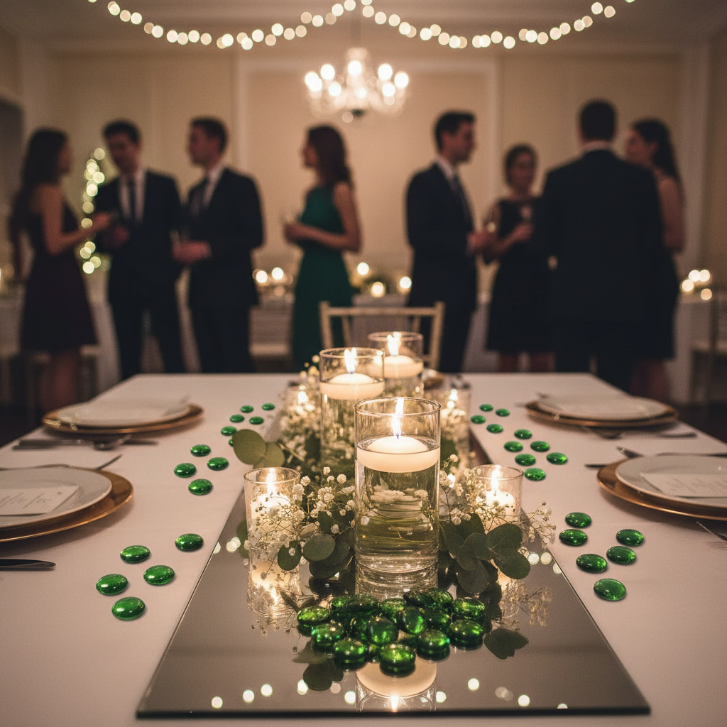 Elegant table centerpiece with green glass pebbles and floating candles by STONED at a formal event