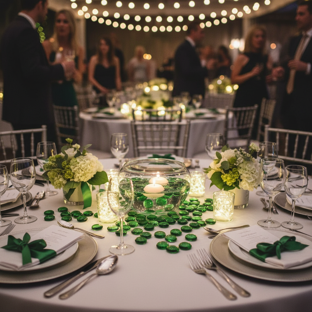 Elegant wedding table centerpiece decorated with green glass pebbles candles and floral arrangements SGI Online