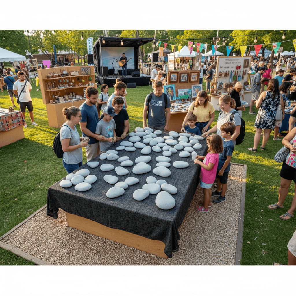 Large Japanese decorative stones displayed on black cloth table at outdoor market with people browsing