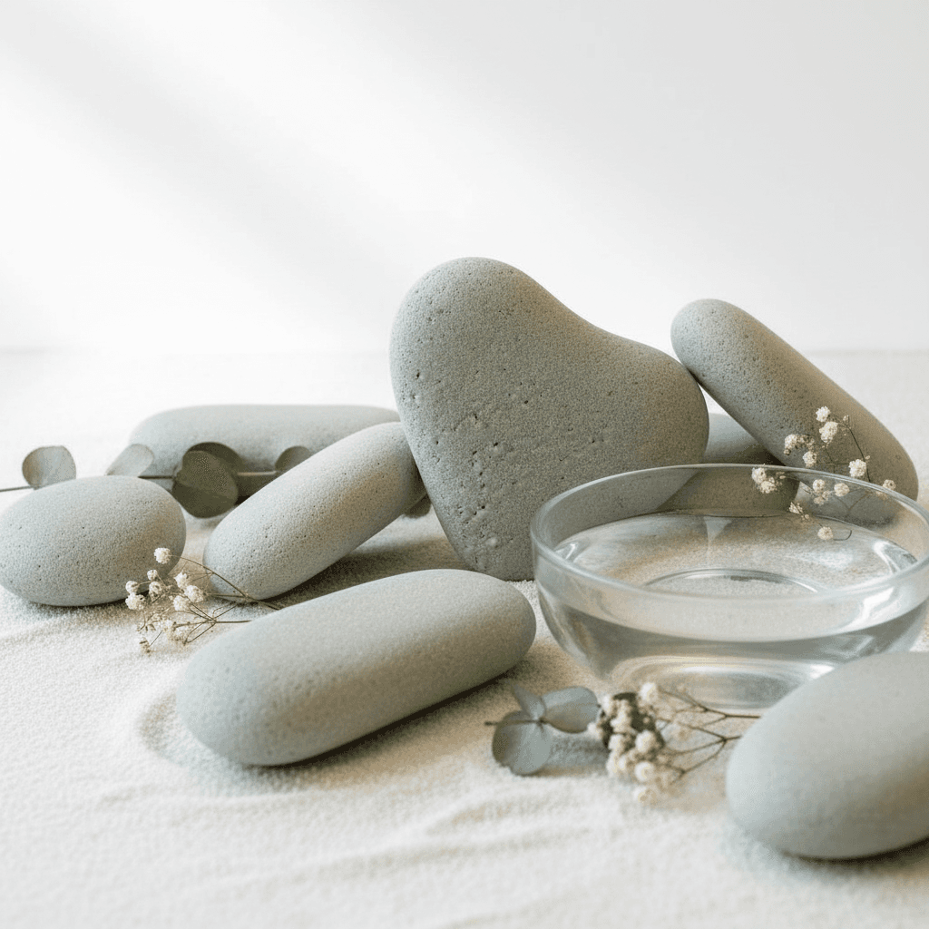 Large Japanese decorative stones by STONED shaped like hearts and ovals with glass bowl and flowers